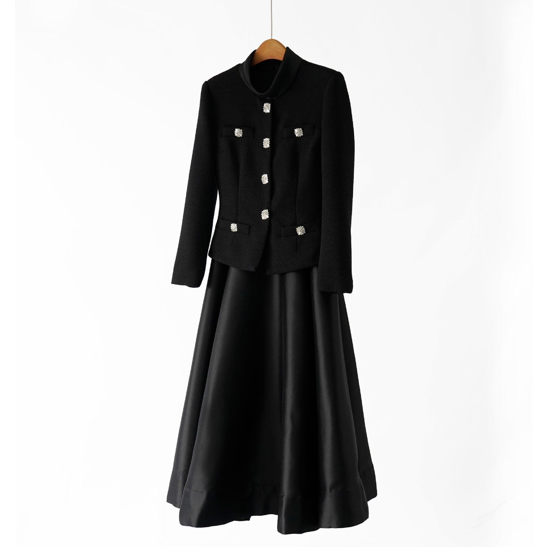 Same Origin as Cabinet Goods! S*P Early Spring New Rich Daughter Elegant Black Tweed Splicing Fake Two-Piece Dress
