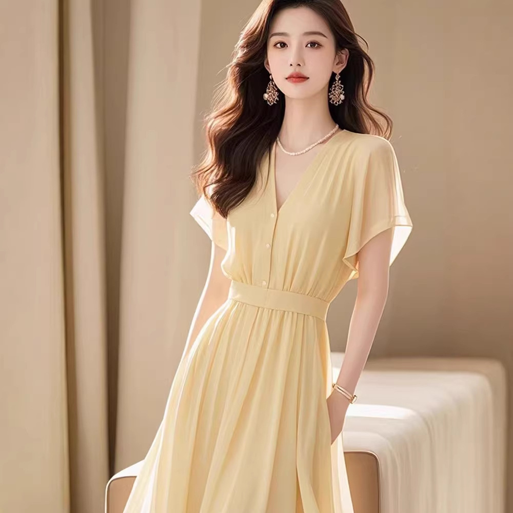 Đầm maxi nữ thắt eo chất liệu voan vàng nhạt phong cách Pháp — Vàng nhạt chi tiết 3