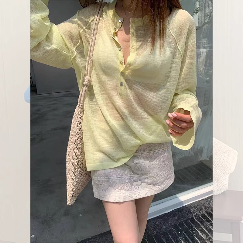 クラインブルーチュール日焼け止めブラウス女性の夏薄い小さなアイスシルク長袖Tシャツアウタートップ|undefined