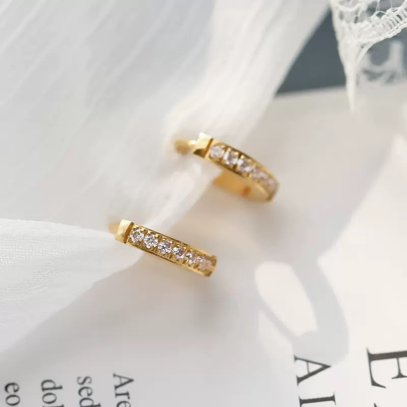 韩版时尚简约小圆圈耳环耳扣镀18K金镶皓石钻时尚百搭气质U形耳环