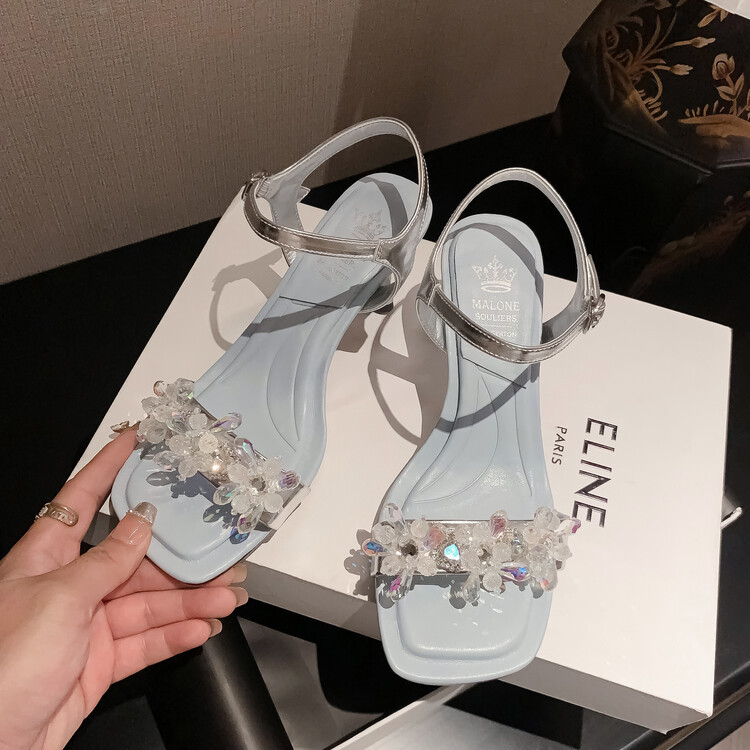 Sandal cao gót nữ mũi nhọn đính cườm da bò, gót nhọn 9 cm — Màu đen, Màu xanh lam chi tiết 10