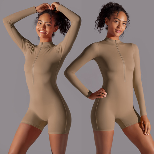 Half-open collar zipper long-sleeved jumpsuit fitness sports sexy tight jumpsuit brushed nude feeling skin-friendly yoga wear