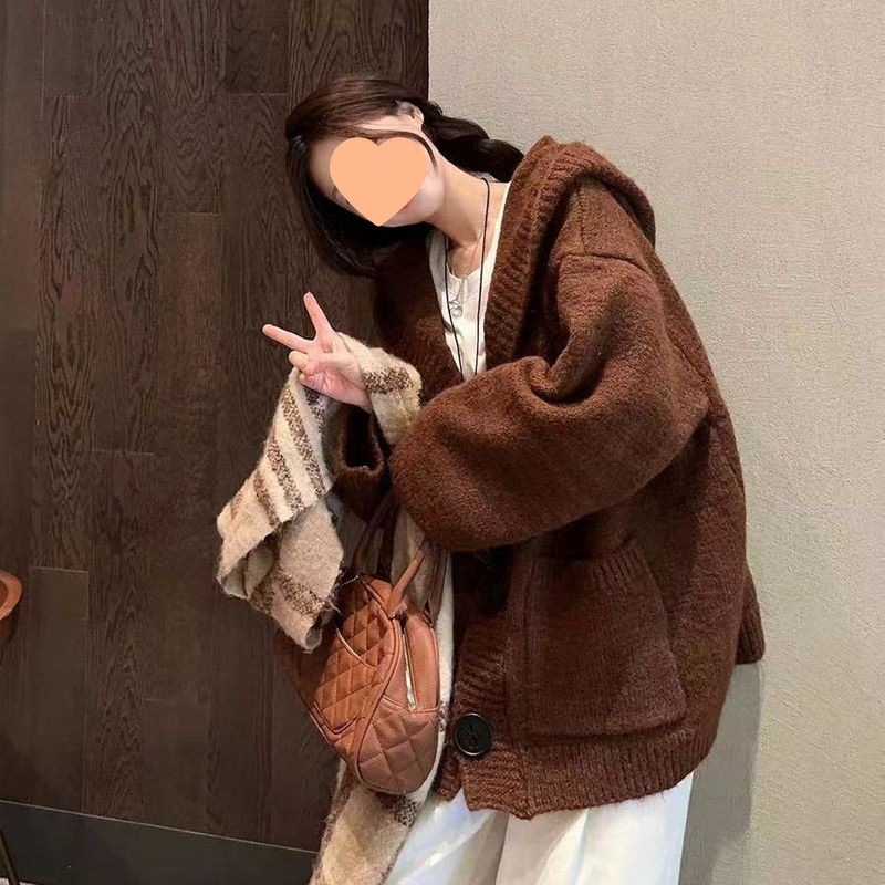 韩系慵懒风连帽外搭毛衣外套女2025秋冬新款宽松软糯羊驼针织开衫|undefined