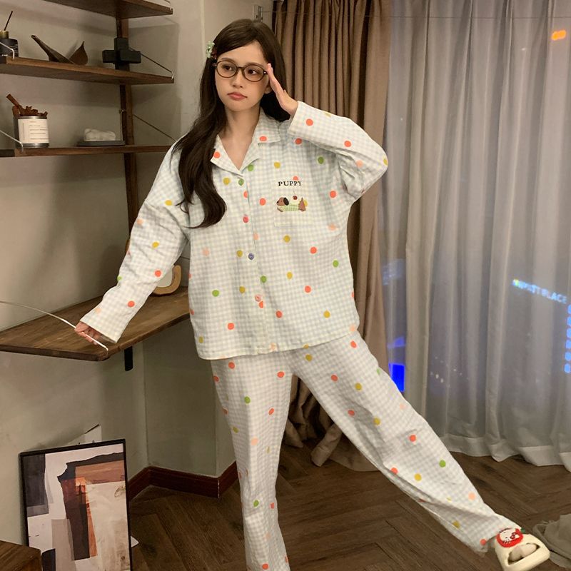 Al por mayor transfronterizo de otoño nuevo pijama de mujer pull-out cardigan de solapa de algodón mangas largas pantalones cómodos y dulces cubiertas de ropa doméstica