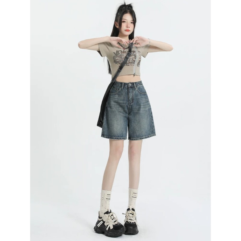 Women's Five-Point Denim Shorts, New Spring/Summer Style, Petite Loose Straight Thin High-Waisted Retro A-Line Wide-Leg Mid-Length Pants