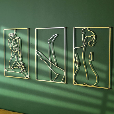 墙壁装饰卧室艺术金属抽象女性单线悬挂雕塑金色装饰客厅装饰装|ms