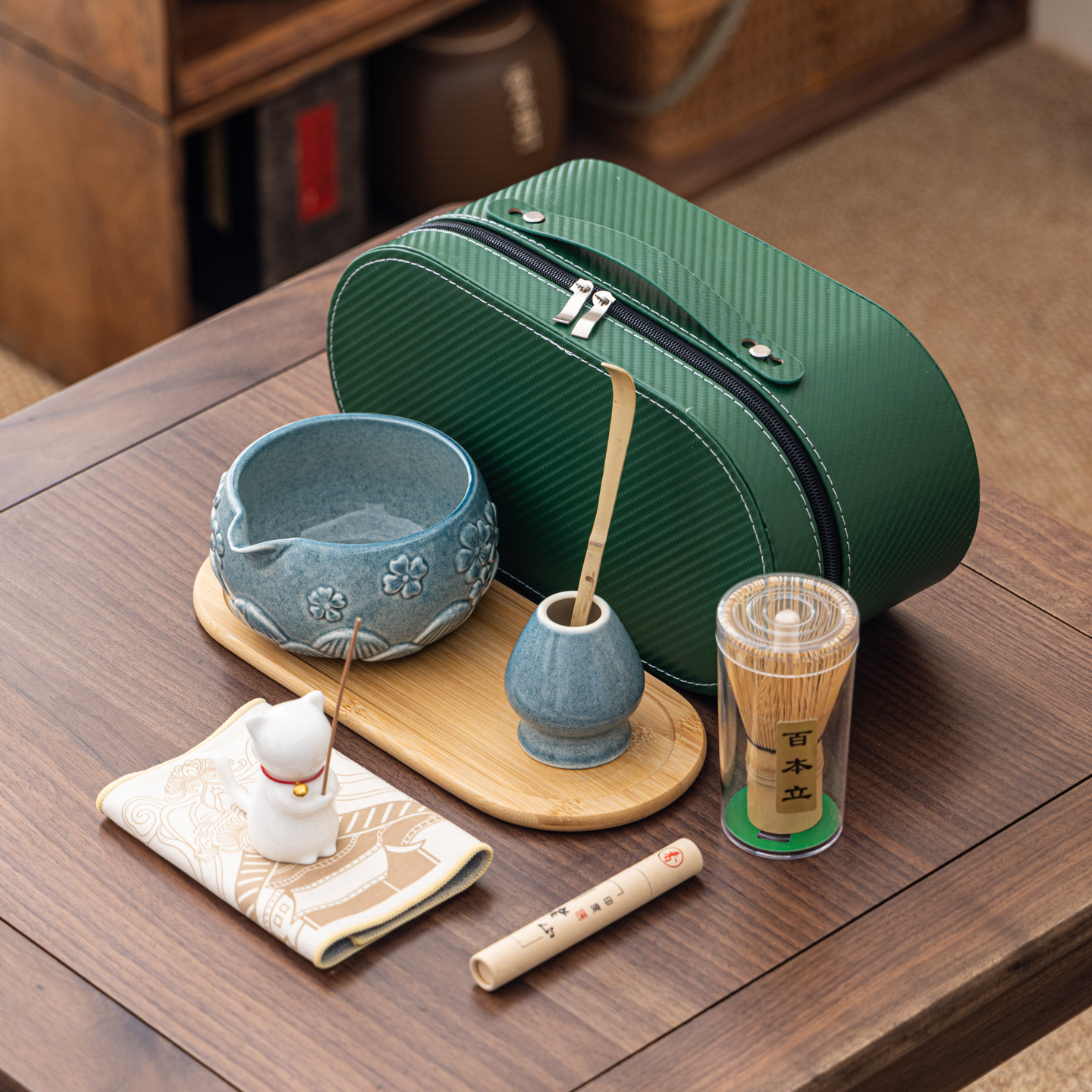 Cuenco de matcha corrugado caja de cuero set adorable gatito Xiangdao ocho piezas set punto té 100 tazas de té