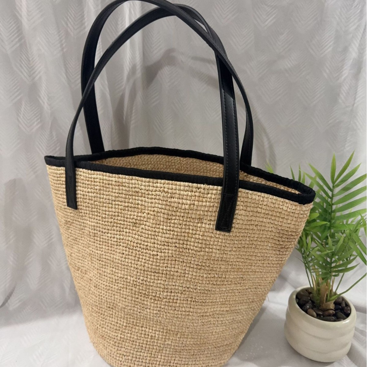 Japanese Style Raffia Minimalist Handmade Woven Straw Bag, Beach Vacation Tote, Women's Genuine Leather Handbag & Shoulder Bag - Thumbnail 6