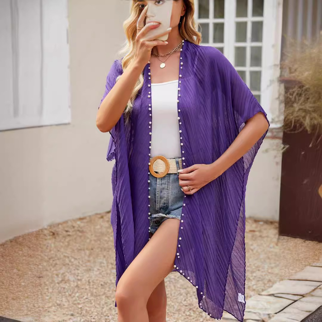 Salida de Playa Delgada con Botones de Perla para Mujer de Poliéster Protección UV UPF30+ para Viajes