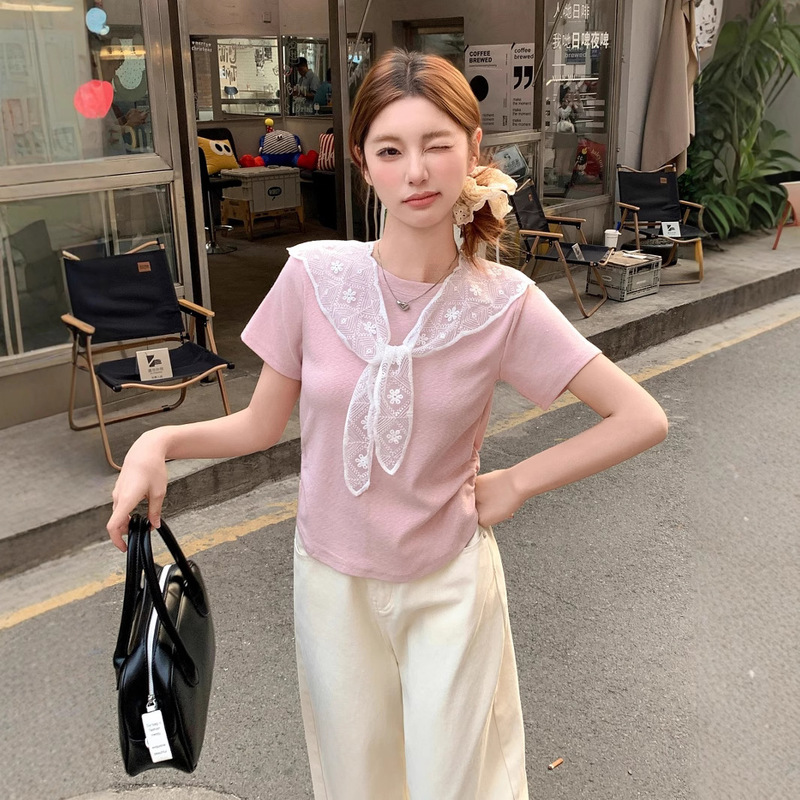 レースショールラウンドネック半袖Tシャツ女性用2025夏の新しいデザインプリーツウエスト痩身ショートトップ|undefined