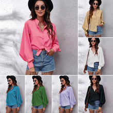 SMT爆款 立领大灯笼袖衬衫女纯色长袖衬衣新款雪纺衫 跨境专供