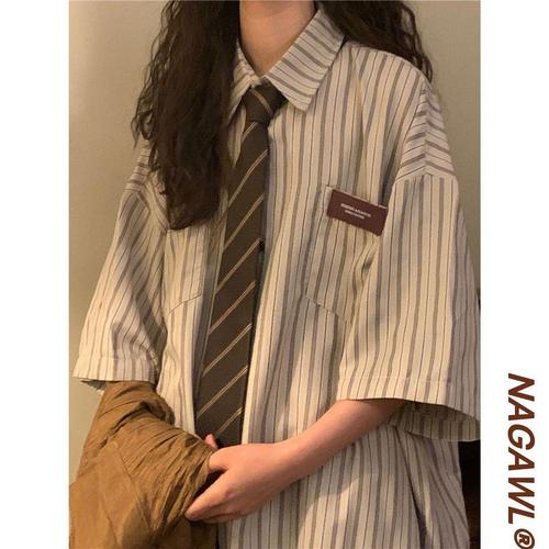 American Retro Black Striped Tie Japanese Style Shirt for Men and Women, Cool and Versatile, No Ironing Required, Colorful Contrast Vintage