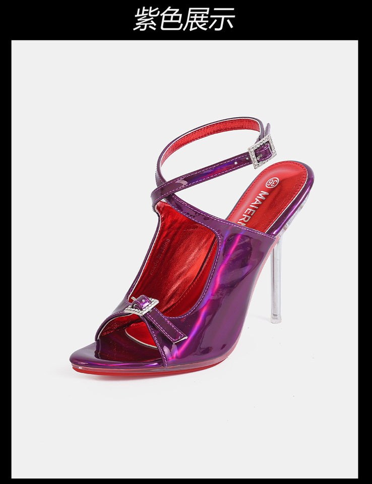 Giày sandal cao gót nữ mũi nhọn da bóng quai ngang khóa cài gót siêu cao — Màu be, Màu bạc, Màu trắng, Màu tím chi tiết 11