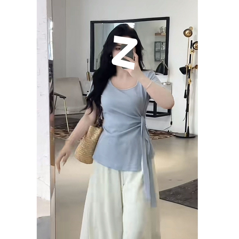 プラスサイズ夏スリムイエロースクエアカラー半袖Tシャツ2025スリムデザイン新しいウエストスリットトップファットmm|undefined