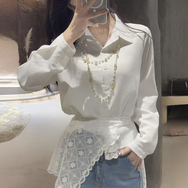 Korean Style Gentle Elegant Shirt 2025 Autum New Polo Collar Long-Sleeved Lace Shawl Waist Strap Top for Women