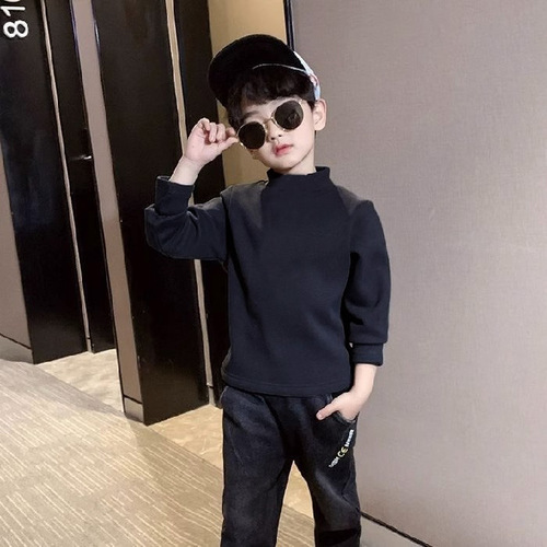 Children's down fleece undershirt half high neck padded boys' warm clothes hoodie top autumn and winter baby T-shirt autumn clothes 
