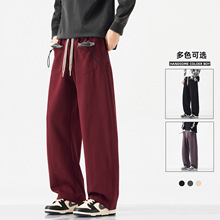 酒红色加绒工装裤男冬季2026新款倒穿设计感抽绳阔腿裤直筒运动裤