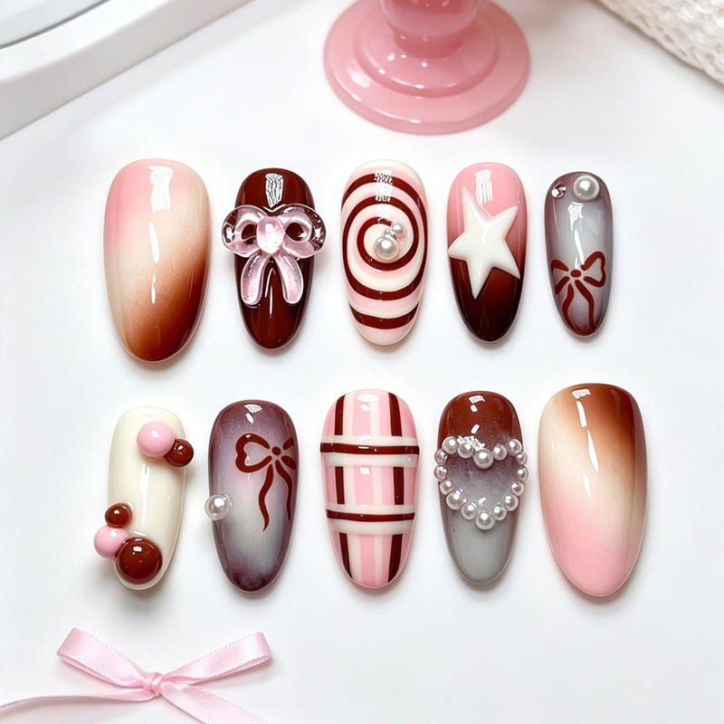 Cross-border daily bestseller 3D three-dimensional bow almond-shaped press-on nails with painted hearts, swirls, plaid patterns, and stars Cross-border daily bestseller 3D three-dimensional bow almond-shaped press-on nails with painted hearts, swirls, plaid patterns, and stars