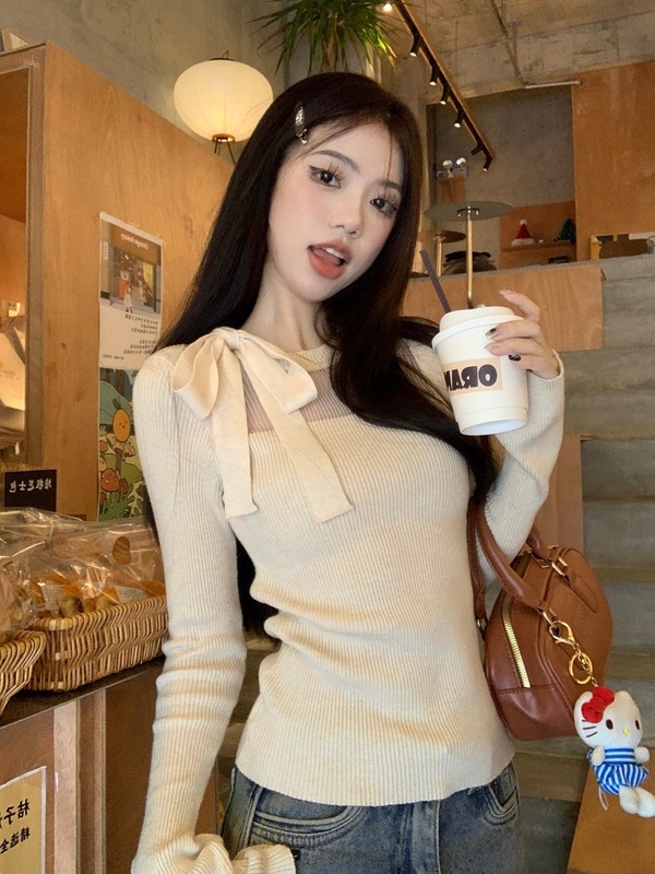 秋季纯欲辣妹修身显瘦正肩长袖女时尚个性绑带蝴蝶结设计百搭上衣|undefined
