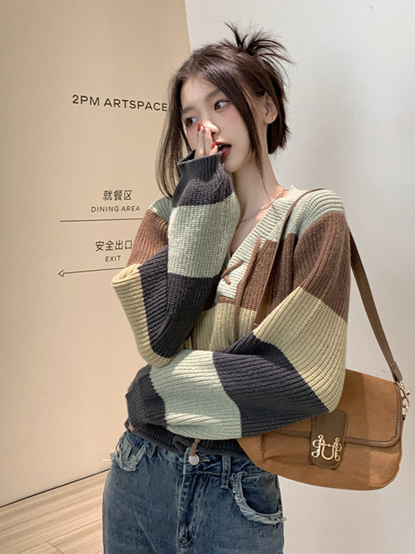 条纹撞色系带针织毛衣女秋冬2025新款设计感V领短款长袖上衣|undefined