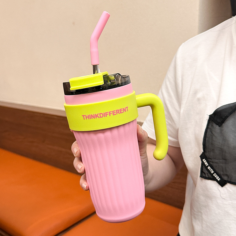 高颜値保温カップストロー付き女子シンプル学生カップinsネット赤斜めショルダーカップ大容量携帯|undefined