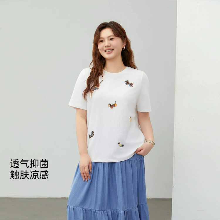 [Клетчатая, крутая, антибактериальная и уменьшающая возраст универсальная футболка с мультяшным щенком] Тонкая и красивая женская одежда больших размеров, летний новый стиль, толстый мм