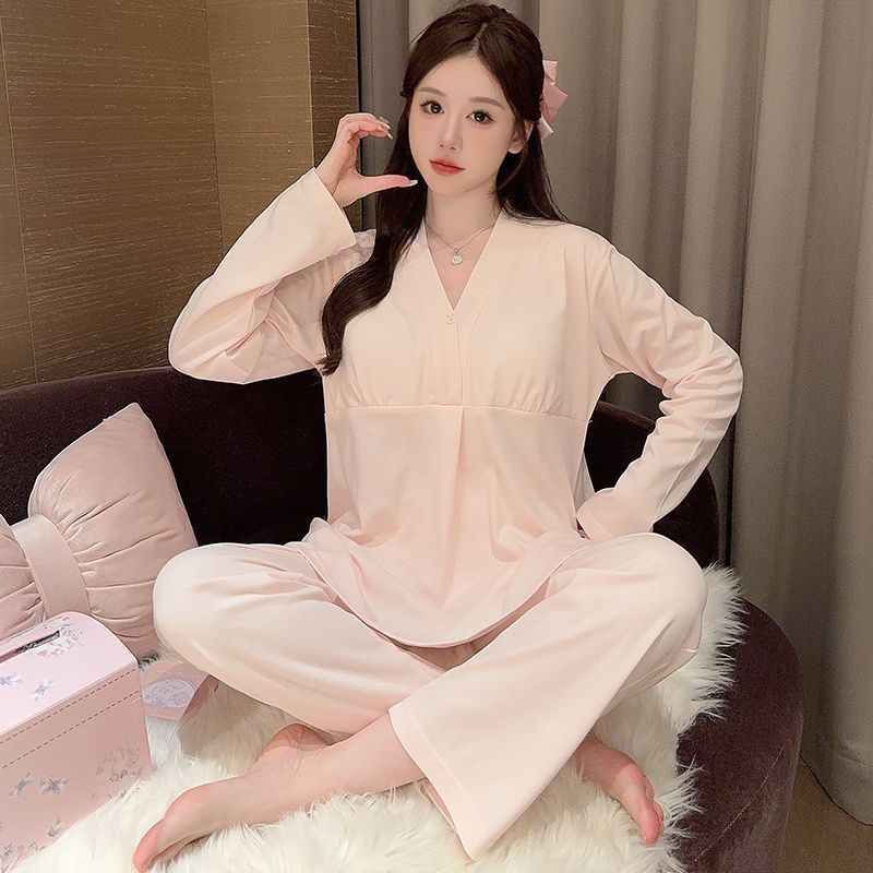 新款带胸垫孕妇睡衣女夏季薄款长袖长裤月子服宽松产前产后家居服|undefined