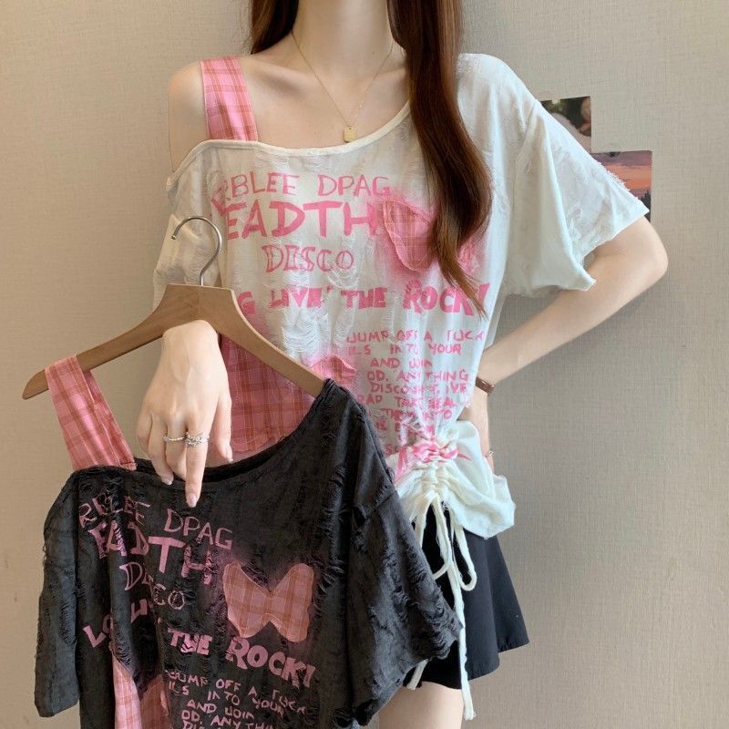 大码重工破洞蝴蝶贴布抽绳短袖t恤女2025春夏新款宽松显瘦上衣女|undefined