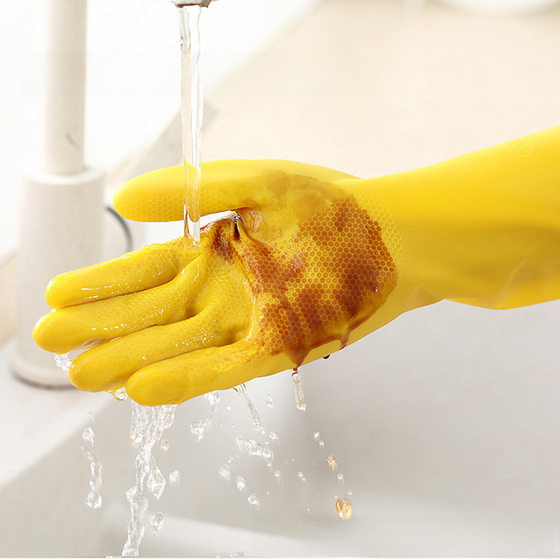 Thickened yellow rubber tendon latex gloves cleaning household gloves durable waterproof non-slip rubber plastic dishwashing