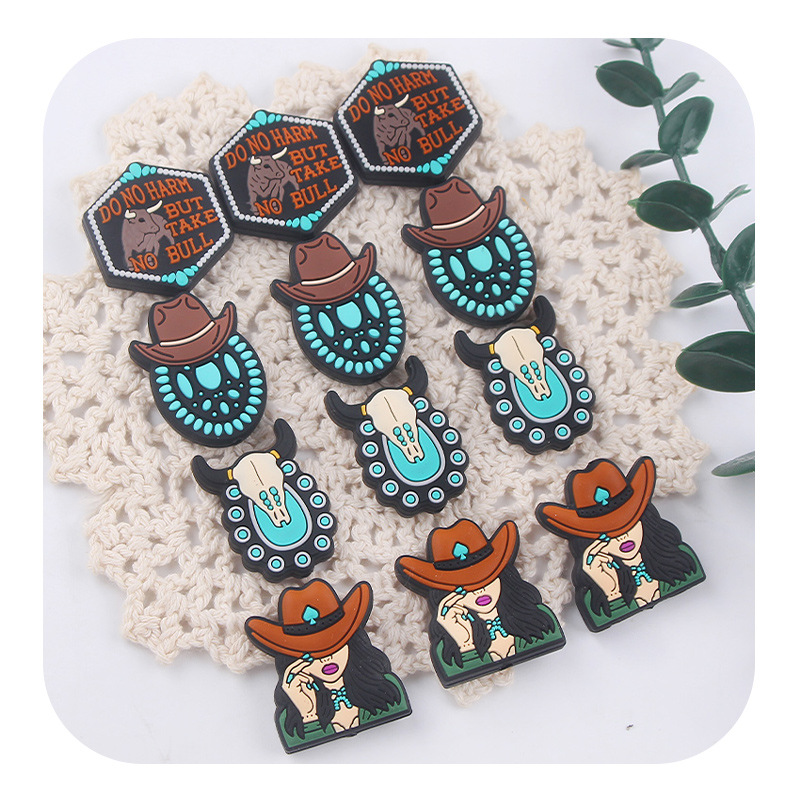 Nuevos artículos para madres y bebés dibujos animados vaqueros occidentales cuentas de silicona creativas DIY tetas cadena de pulsera juguetes accesorios de goma de dente
