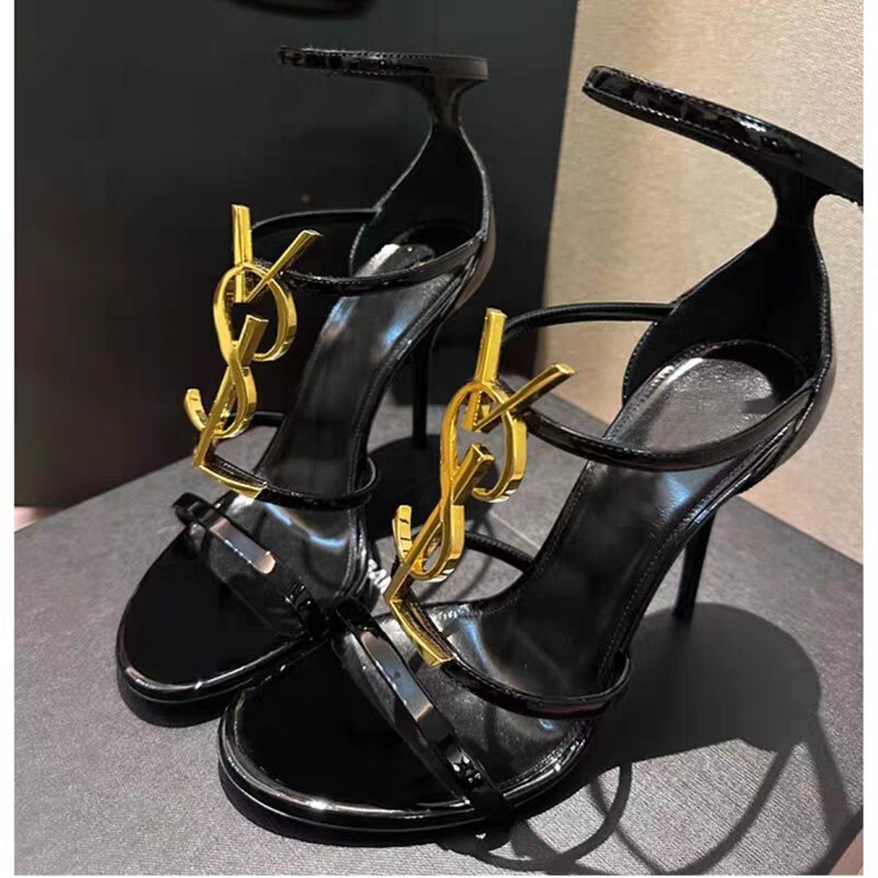 Open Toe High Heel Sandals with Letters Women's 2025 New Bright Patent Leather Sexy Elegant Black Thin Heel Women's Shoes