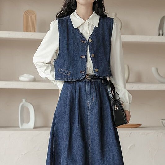 Autumn New Style Daily Commuting College Style Retro Denim Vest Shirt Half Skirt Three-Piece Suit Dress Autumn New Style Daily Commuting College Style Retro Denim Vest Shirt Half Skirt Three-Piece Suit Dress
