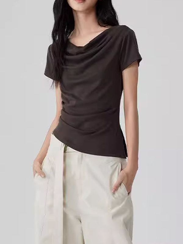 夏の新しいスタイルのスイングカラーデザイン半袖Tシャツウエストスリット女の子の絶妙なトップ|undefined
