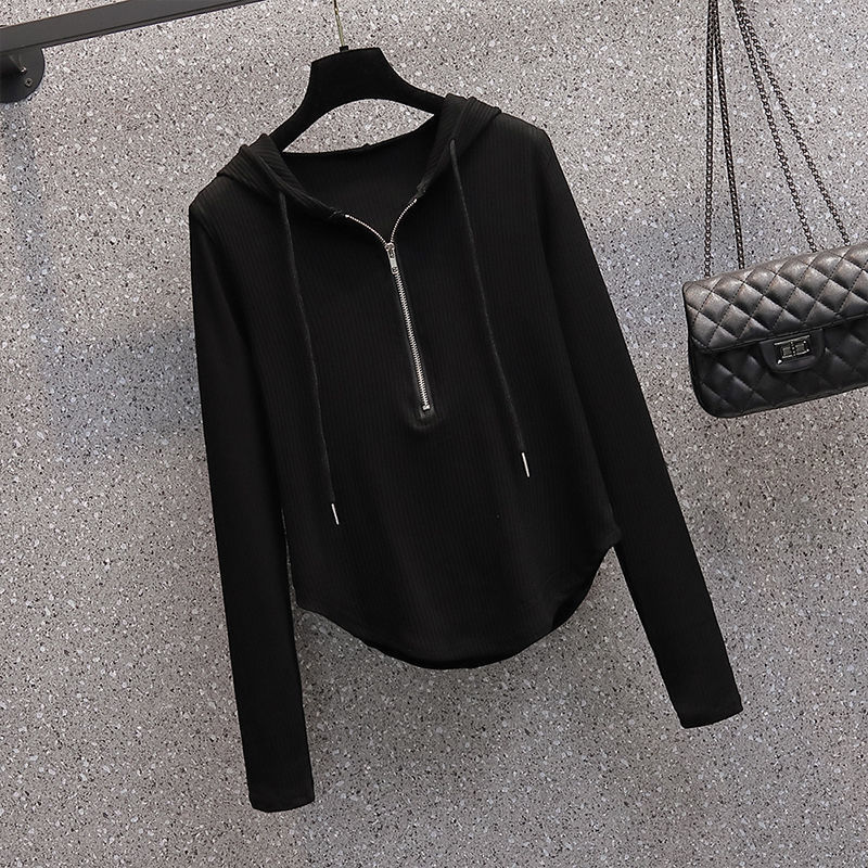 하프 오픈 칼라 지퍼 롱 슬리브 후드 탑 여성용 가을 새 반바지 스웨트 셔츠 플러스 사이즈 통통녀 배꼽 티셔츠