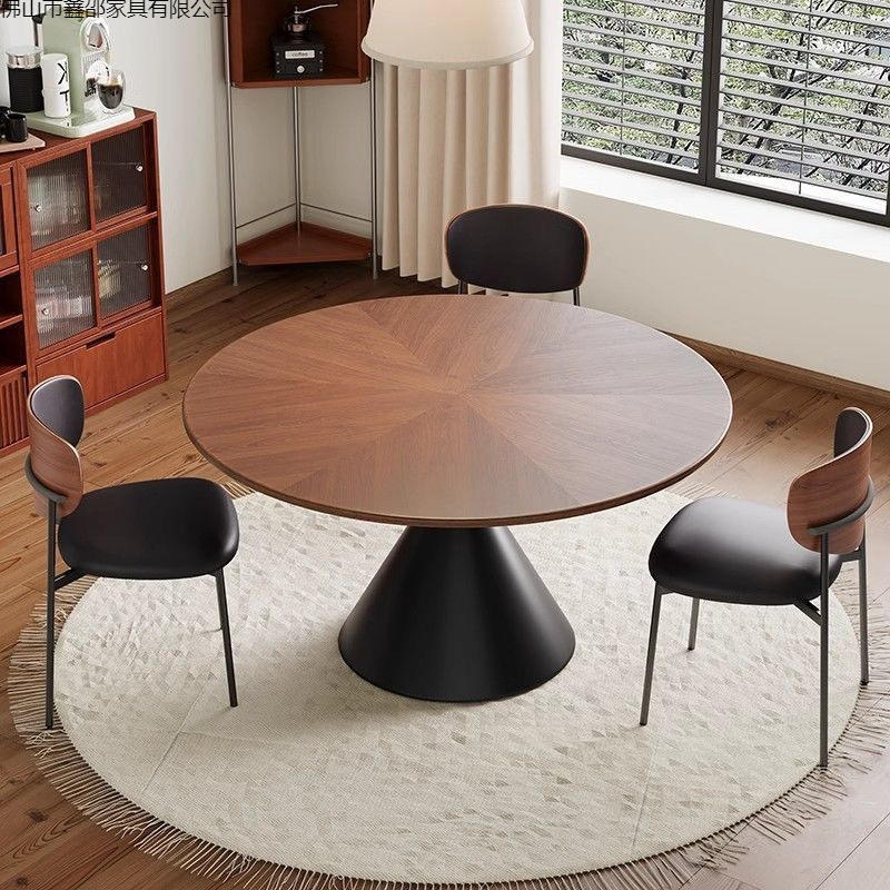 French-Style Vintage Solid Wood Dining Table for Home Use, Mid-Century Style, Small Apartment Round Walnut Wood Table with Rotating Tray, Dining Table Set French-Style Vintage Solid Wood Dining Table for Home Use, Mid-Century Style, Small Apartment Round Walnut Wood Table with Rotating Tray, Dining Table Set