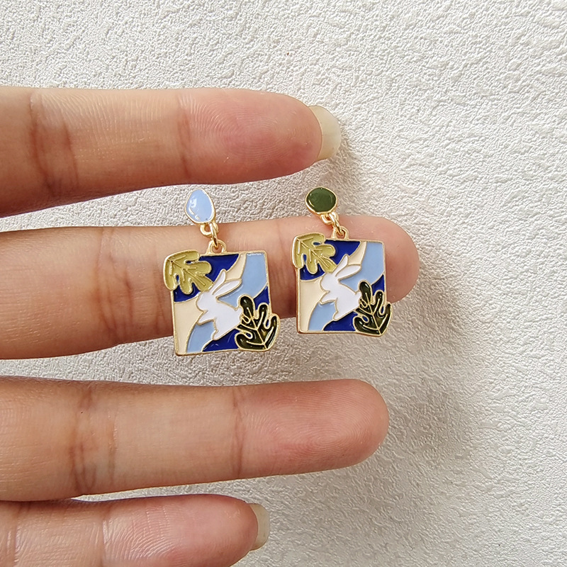 Fashion Rabbit Square Alloy Enamel Earrings display picture 3