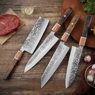 ♔ Forged Chef Japanese-Style Santoku Knife Octagonal Handle Ebony Kitchen Knife Handmade Hammered Stainless Steel Cattle Knife to Cut Side Dishes