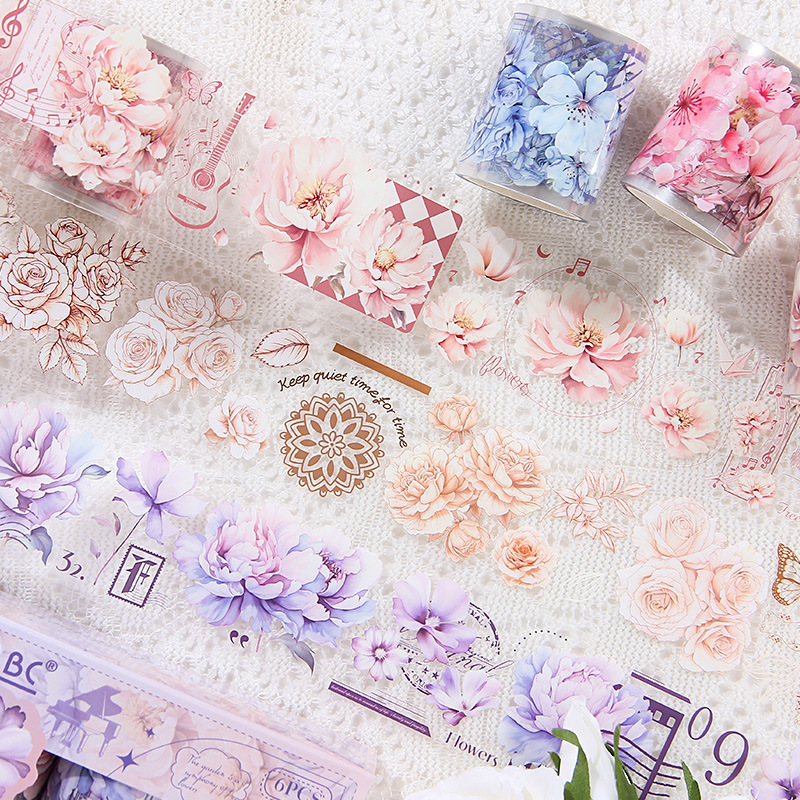 Flores de polvo de aceite especial impermeable pet cinta adhesiva caja diy diario paisajismo pegatinas floral romántica pegatinas de libro de mano