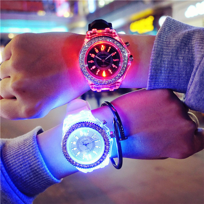 Luminous luminous personality rhinestone led Harajuku Korean fashion trend men and women students couple jelly quartz watch_voghion.com