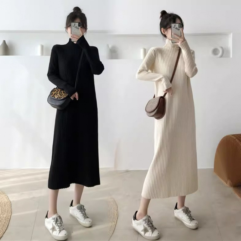 Knitted base dress for women's inner wear 2025 new autumn and winter half turtleneck mid-length temperament sweater long skirt over the knee