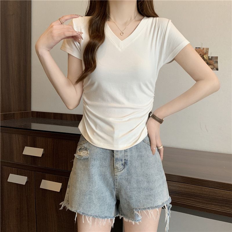 Side Ruched Waist-Cinching Slimming Top for Women, Summer V-Neck Flutter Sleeve, Regular Shoulder High-Waisted Short Crop Top, Slim-Fit Short-Sleeve T-Shirt Side Ruched Waist-Cinching Slimming Top for Women, Summer V-Neck Flutter Sleeve, Regular Shoulder High-Waisted Short Crop Top, Slim-Fit Short-Sleeve T-Shirt