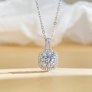 S925 Sterling Silver Square Moissanite Sugar Necklace Women's Full Set Simple Square Bag Super Flash Pendant High-grade Clavicle Chain