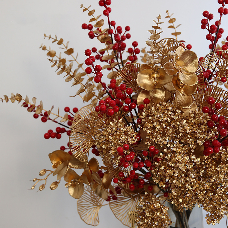 干花红果发财果仿真花束金色尤加利银杏叶客厅落地摆设福桶插花