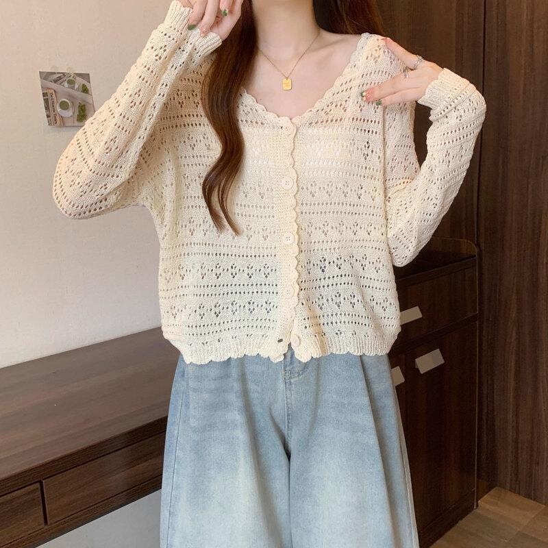 Ice Silk Sun-Protective Knit Cardigan for Women, Summer Plus-Size, Solid Color, Thin Hollow-Out Shawl, Short Outerwear