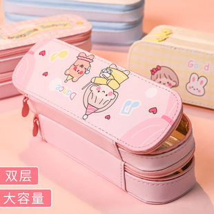Simple large capacity canvas double-layer pencil case girl elementary school student cute stationery pencil case prize reward gift