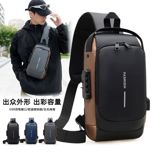 Cross-Border Fashion Men's Chest Bag Password Lock Casual Shoulder Bag Oxford Cloth USB Charging Port Motorcycle Cross-Body Bag for Men