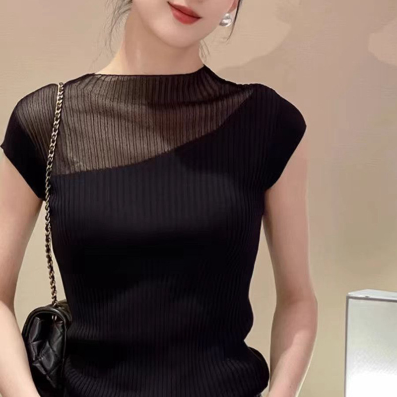 French Translucent Black Tencel Knitted Sweater Short-sleeved T-shirt Women's Summer High-end Shoulder Ice Silk Top Thin