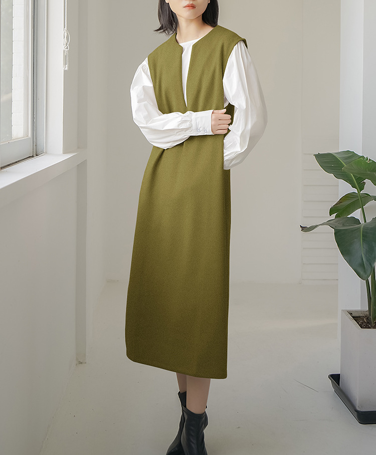Real Shot Letian Autumn Winter 4 Color Woolen Coat Women V neck Solid Color Sleeveless Waistcoat Dress Outer Wear