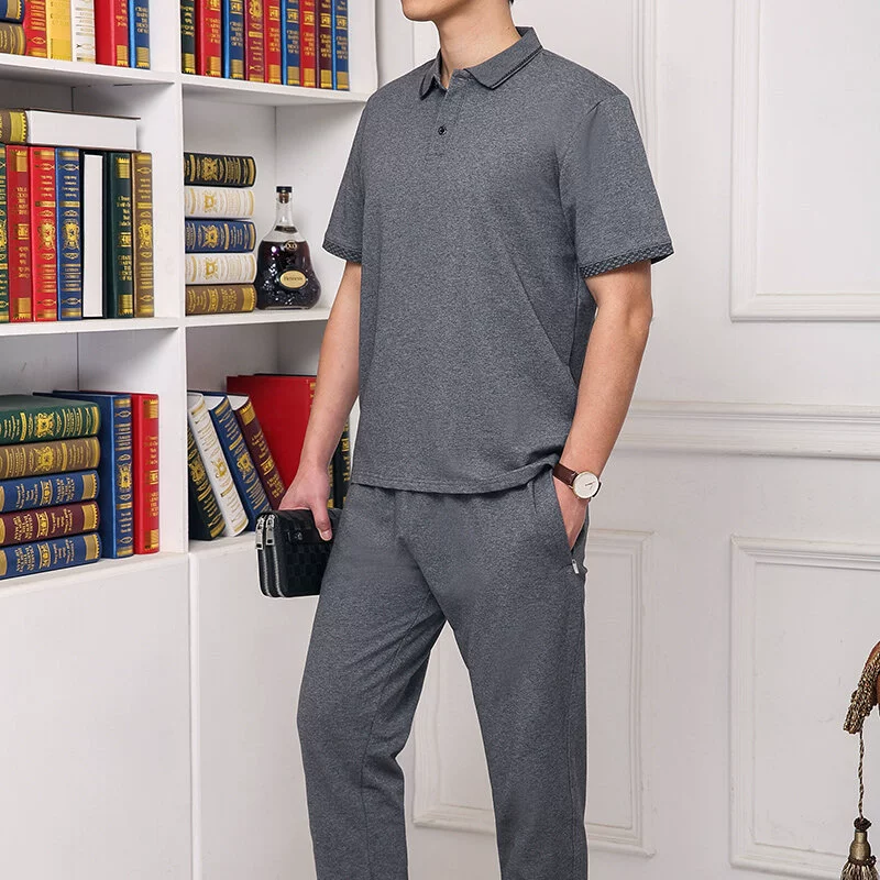 Спортивный костюм для мужчин среднего и пожилого возраста: поло из хлопка, футболка с коротким рукавом, брюки, повседневный двухкомплектный набор для папы
