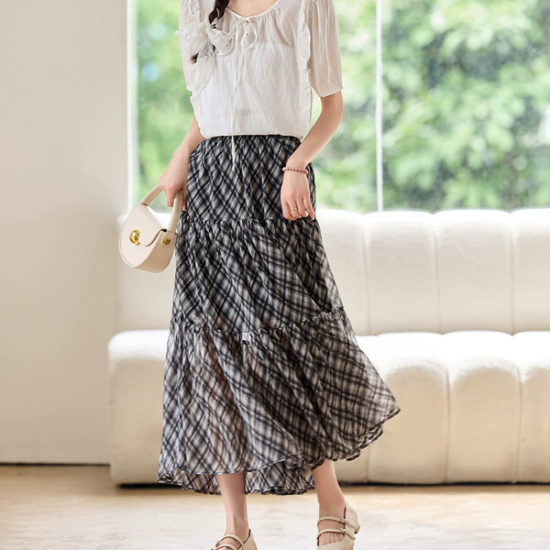 2025 новый летний стиль французская ретро клетчатая юбка с грибовидным подолом длинная юбка тонкая эластичная шифоновая юбка